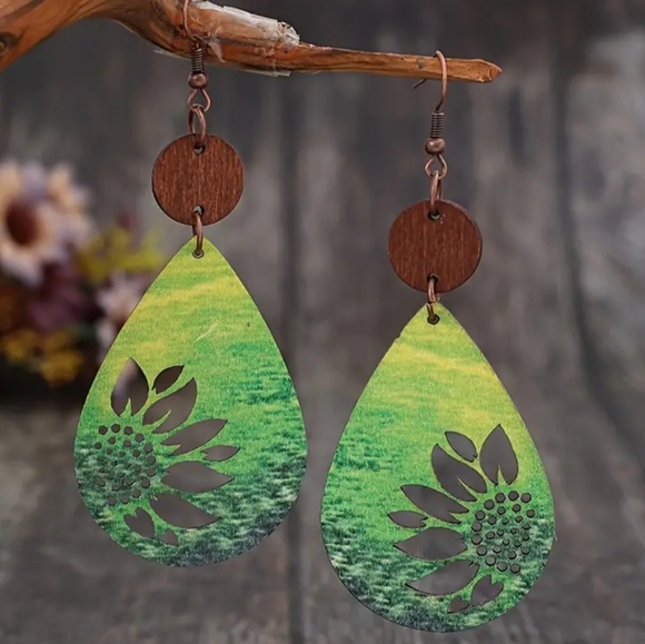 New Wooden Sunflower Teardrop Dangle Earrings - Picture 2 of 2